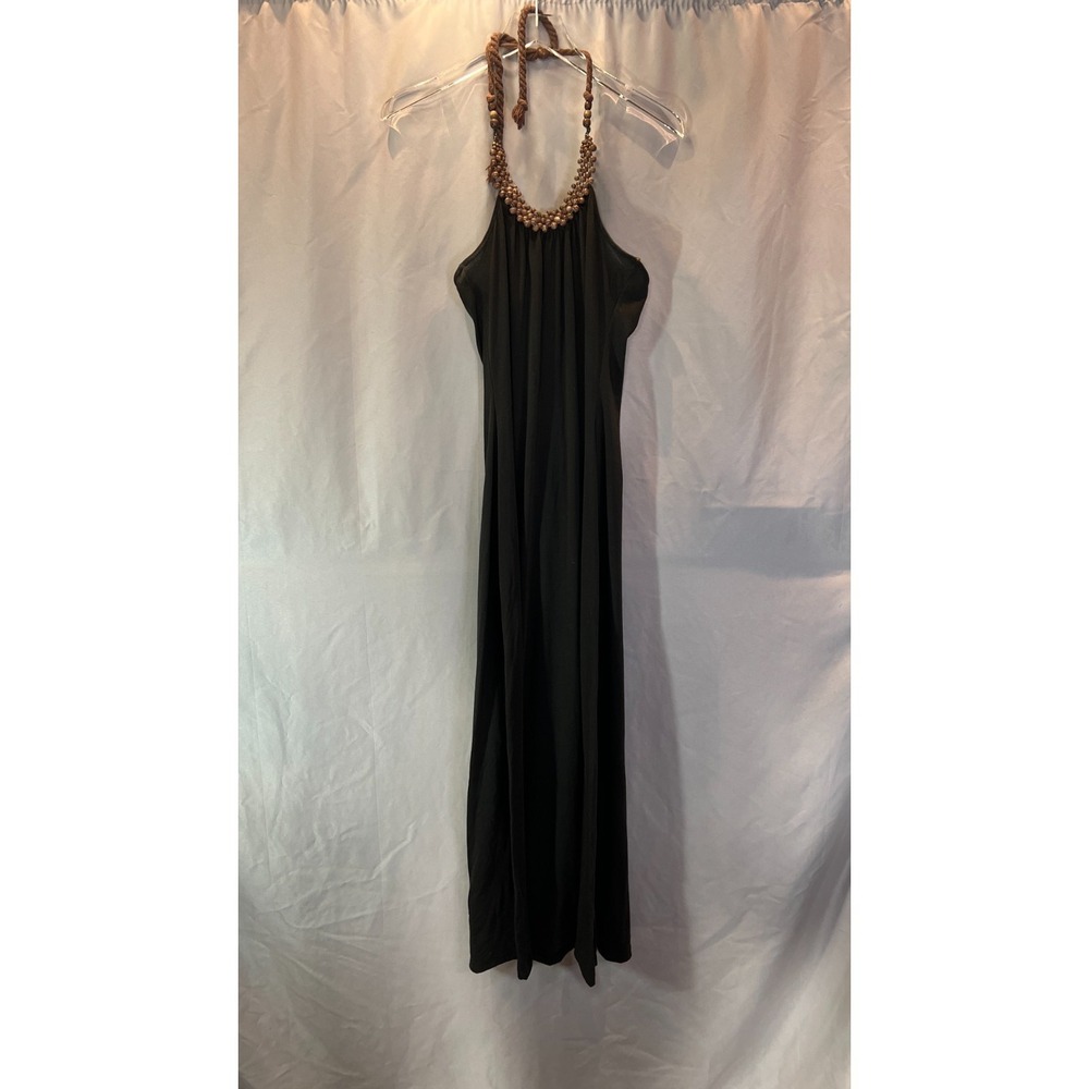 Vintage L8ter Halter Maxi Dress Womens Small Black Wooden Beads Sleeveless Boho